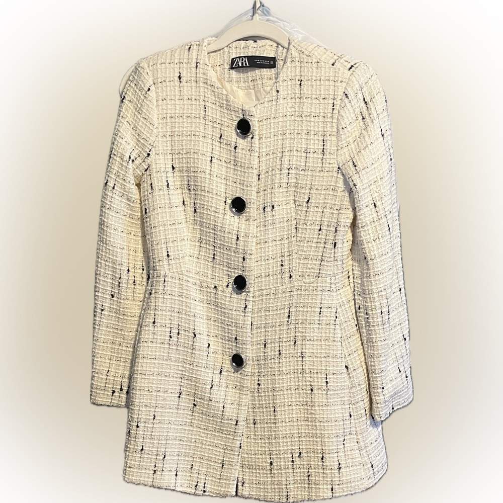 Zara Ivory Cream Tweed Blazer Jacket with Black Button Detail